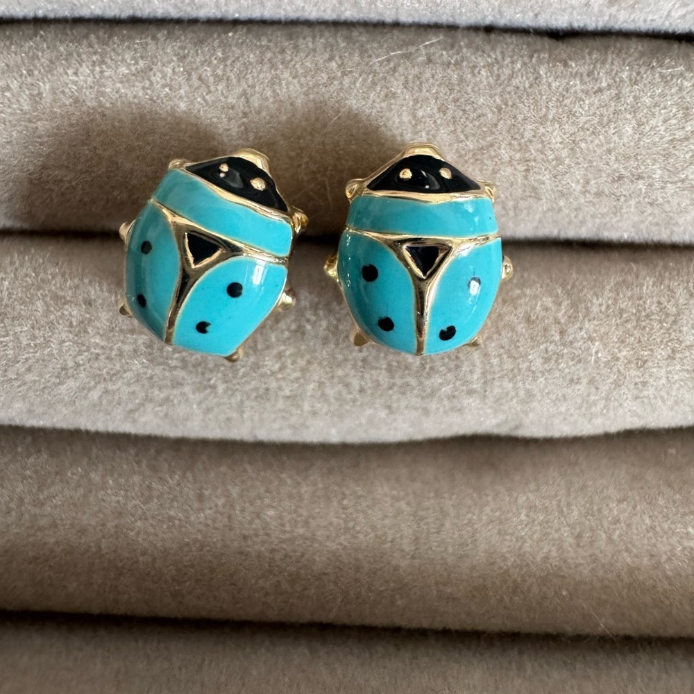 14k Gold Turquoise Blue and Black Ladybug Earrings 1.32 gms